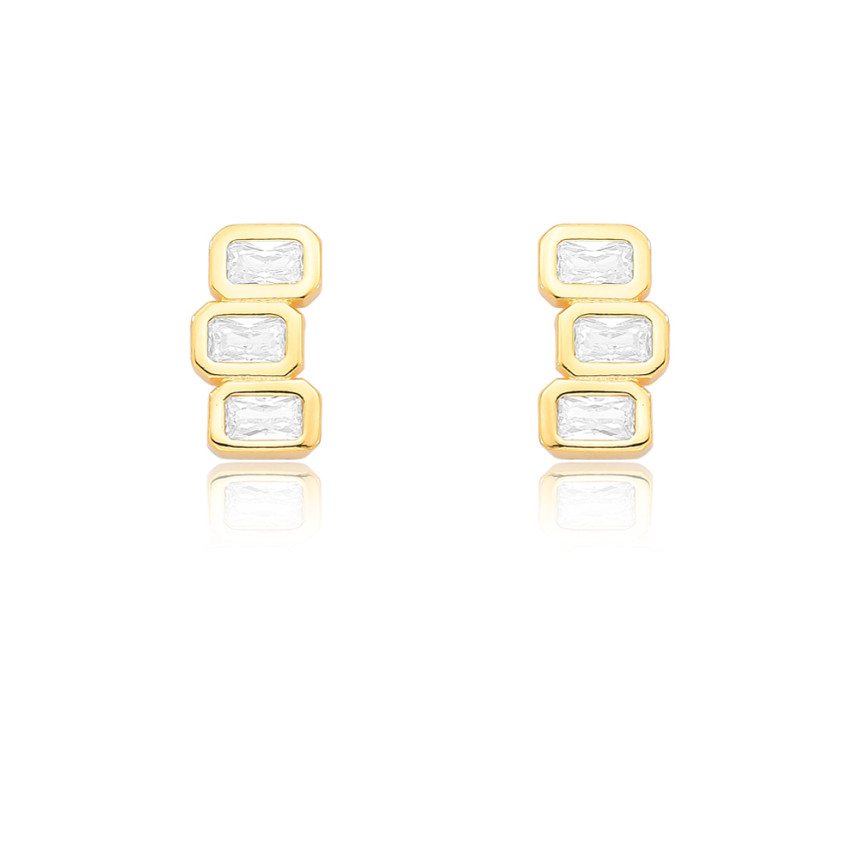 Brinco Trio de Zircônia Retangular Folheado a Ouro 18k