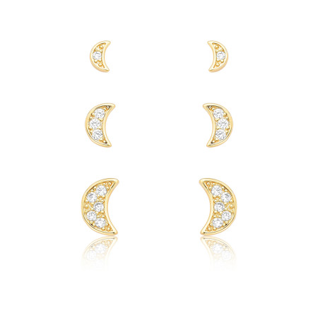 Kit Brincos Fixos Lua Cravejada Folheado a Ouro 18k