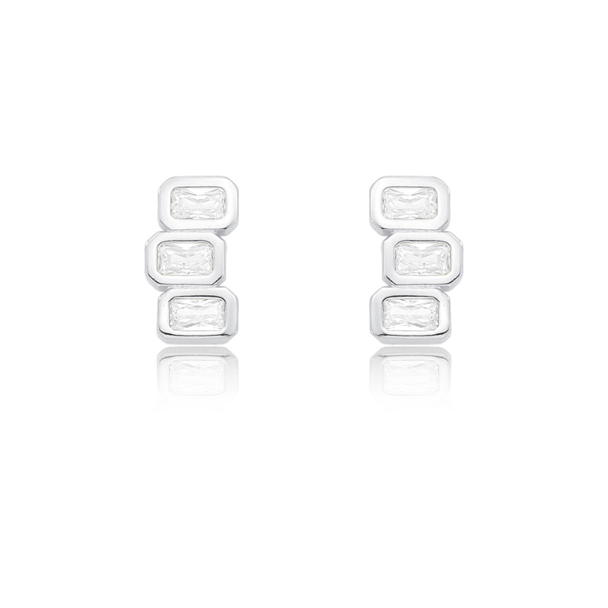 Brinco Prata Leve Trio de Zircônia Retangular