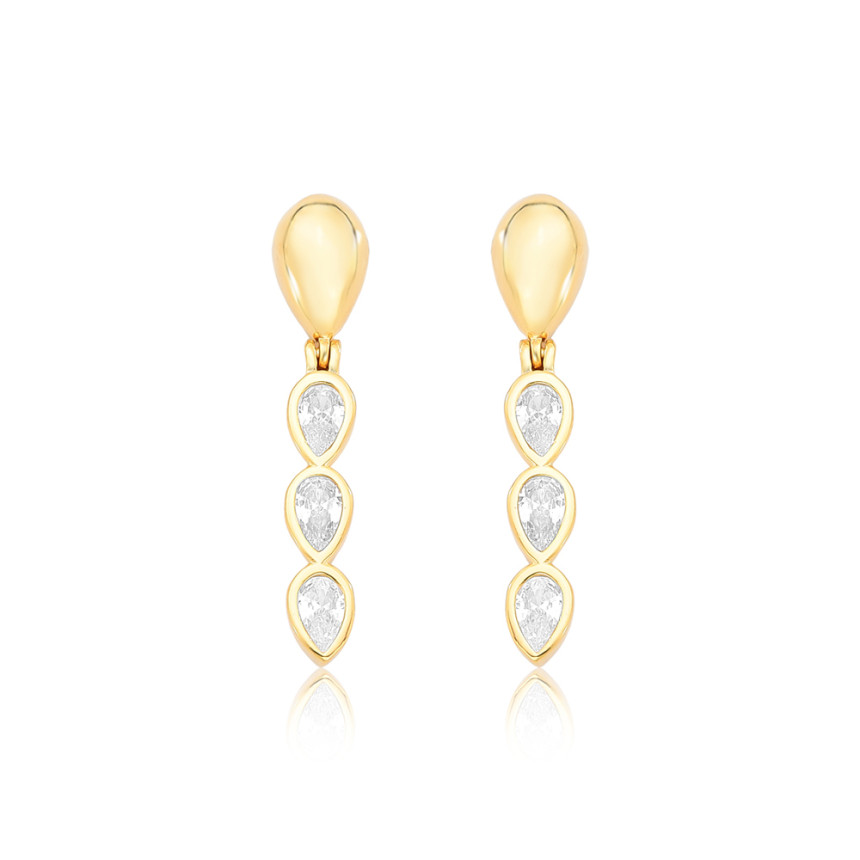 Brinco Gota Lisa c/ Gotas de Zircônia Embutida Folheado a Ouro 18k  