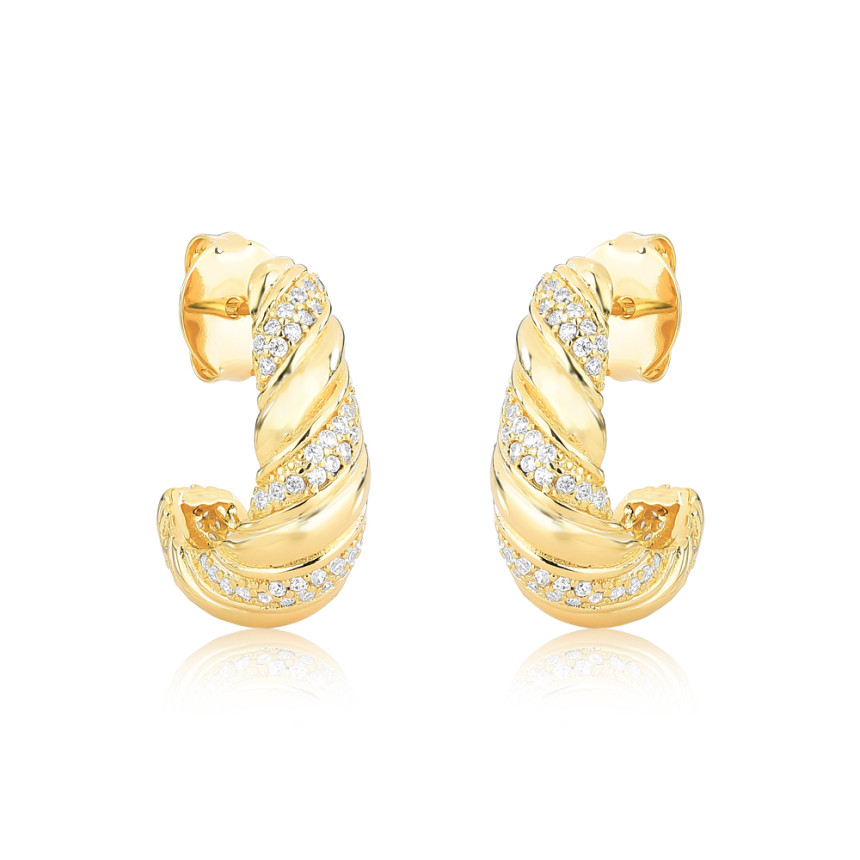 Argola Linhas Diagonais Lisas e Cravejadas Folheada a Ouro 18k