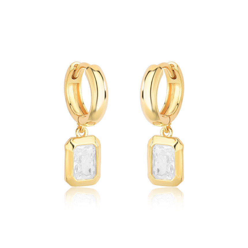 Argola Click Lisa c/ Pingente de Zircônia Retangular Folheada a Ouro 18k 