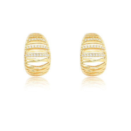  Brinco Fixo Concha Trama Vazada c/ Linhas Cravejadas Folheado a Ouro 18k 