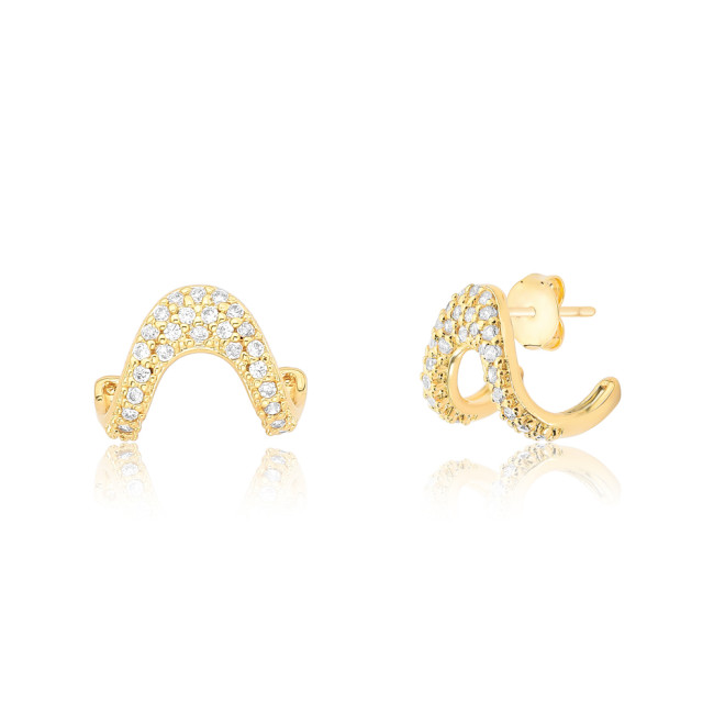 Brinco Gancho "U" Invertido Cravejado Folheado a Ouro 18k