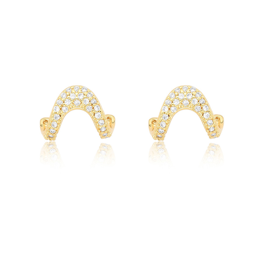 Brinco Gancho "U" Invertido Cravejado Folheado a Ouro 18k