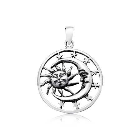 Pingente Prata Mandala Sol e Lua Envelhecida 