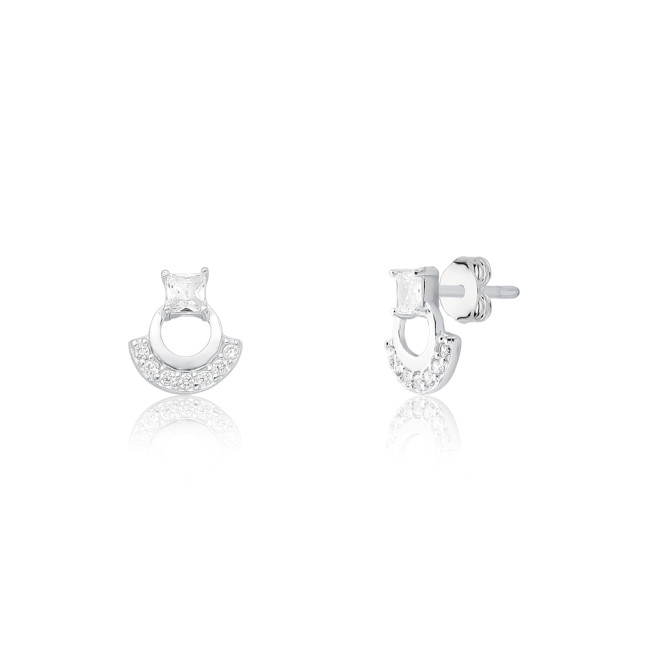 Brinco Prata Fixo Zircônia Quadrada c/ Colar Cravejado