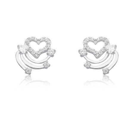 Brinco Prata Fixo Coração Cravejado c/ Fios Lisos