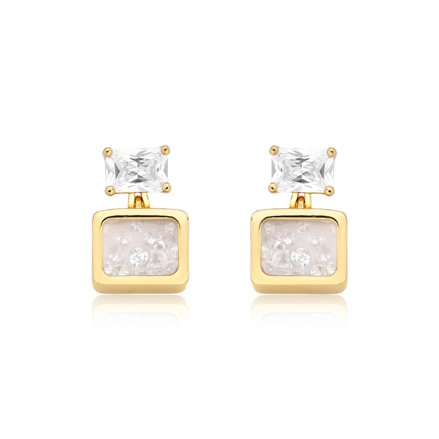 Brinco Zircônia Retangular c/ Capsula Retangular c/ Cristais Folheado a Ouro 18k