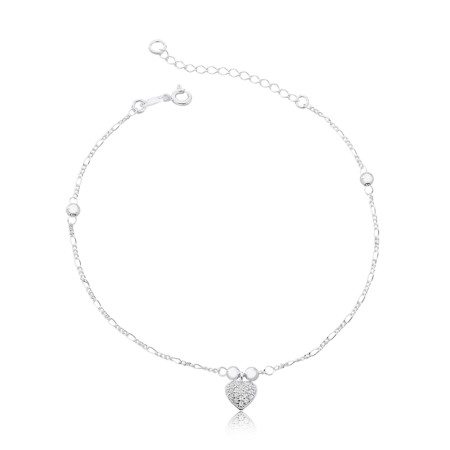 Tornozeleira Prata Esferas c/ Coração Cravejado Central