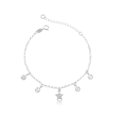 Pulseira Prata Estrela Central c/ Pontos Luz Embutidos