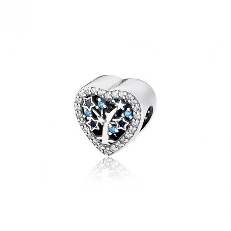 Berloque Prata c/ Rodio You Separador Coração Vazado c/ Arvore de Estrelas