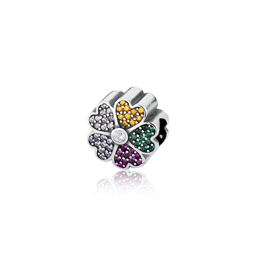 Berloque Prata c/ Rodio You Separador Flor Cravejada Multi Color