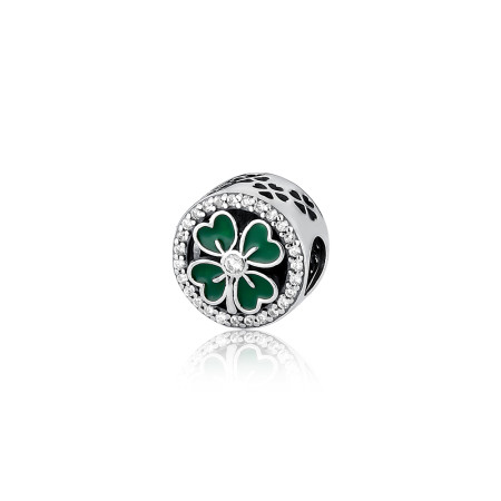 Berloque Prata c/ Rodio You Separador Redondo Trevo Resina