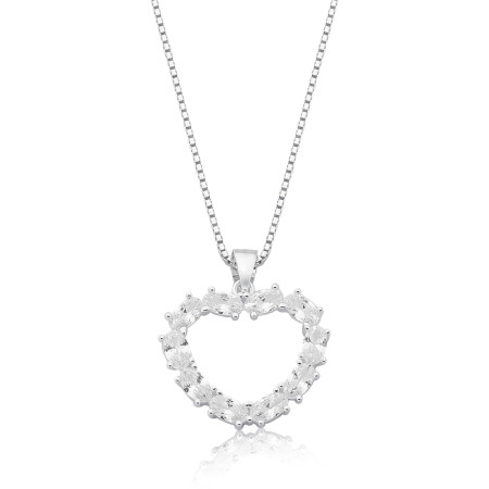 Gargantilha Prata Veneziana c/ Pingente Coração Vazado Zircônias Ovais