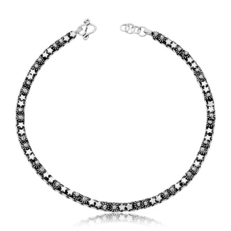 Tornozeleira Prata Uma Fileira Flores e Estrelas