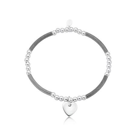 Pulseira Prata Flexível Tubos e Esferas c/ Pingente de Coração