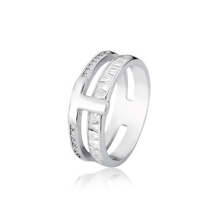 Anel Prata c/ Ródio Aro Duplo Cravejado com "T" Liso