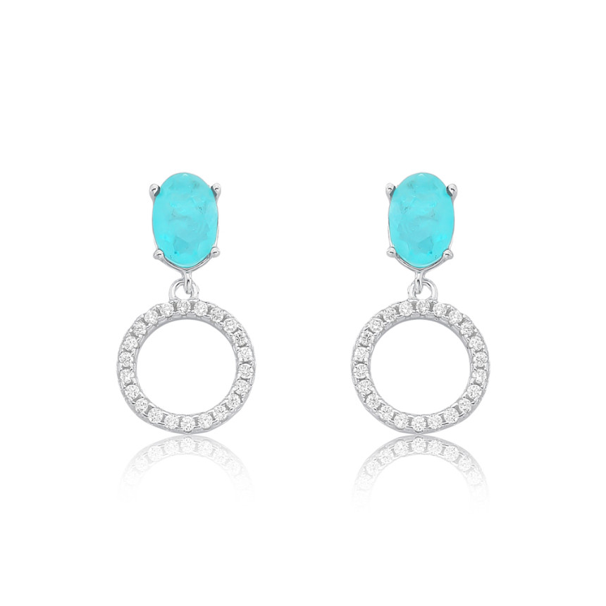 Brinco Prata Zircônia Oval Verde Paraiba c/ Aro Cravejado Suspenso