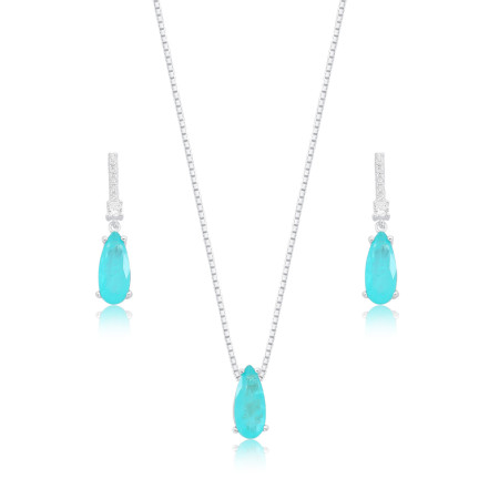 Conjunto Prata Base Cravejada c/ Gota Suspensa Fusion Verde Paraíba 