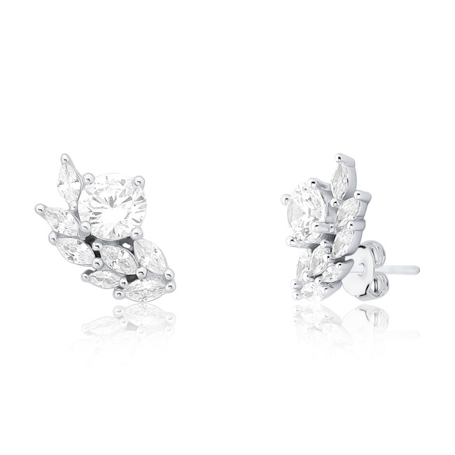 Brinco Prata Ear Cuff Zircônia Redonda c/ Folhinhas Zircônia Navete