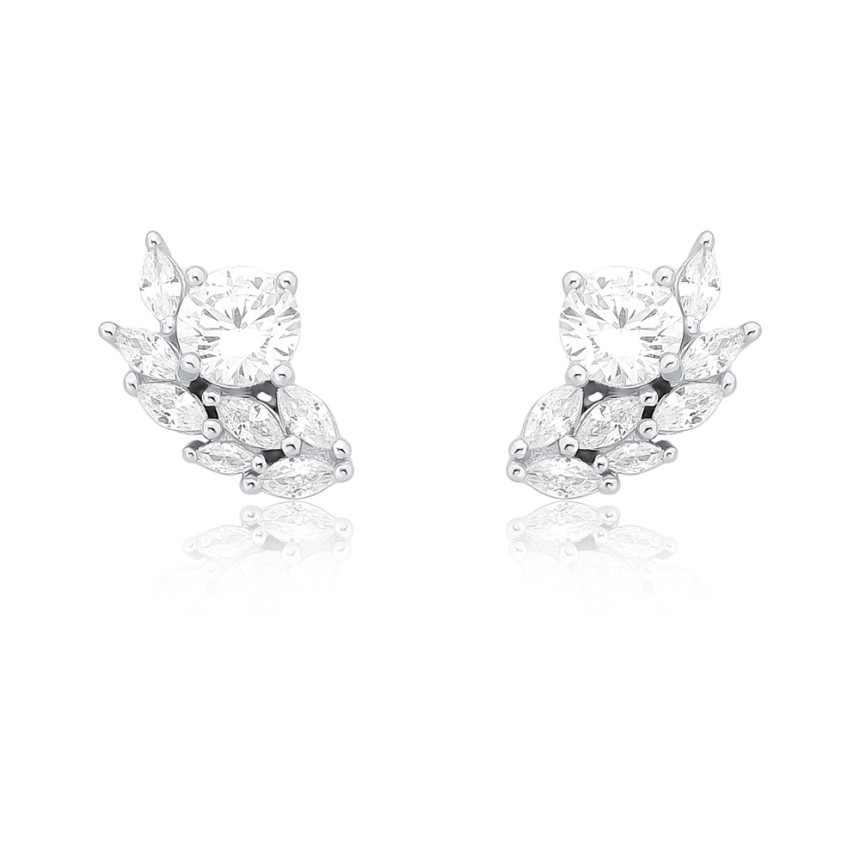 Brinco Prata Ear Cuff Zircônia Redonda c/ Folhinhas Zircônia Navete