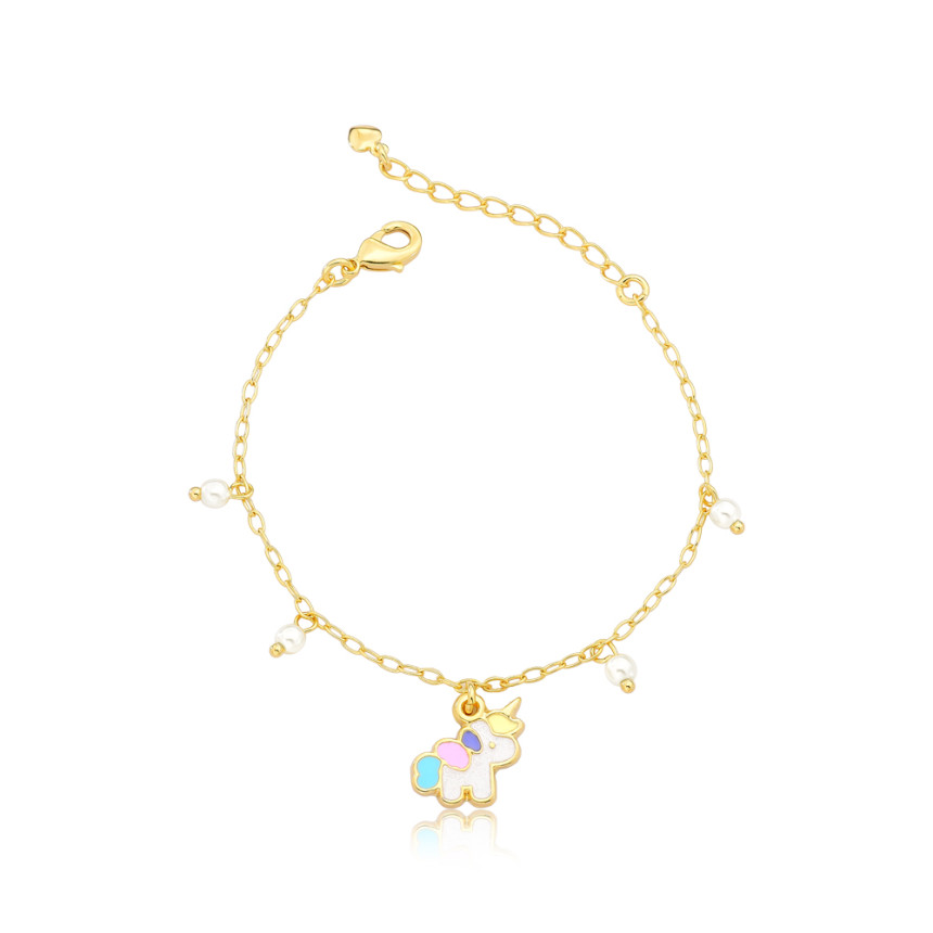 Pulseira Infantil Unicórnio Resina Colorida e Pérolas Folheada a Ouro 18k 