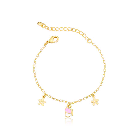 Pulseira Infantil Borboletinha Resina Colorida c/ Flores Lisas Folheada a Ouro 18k 