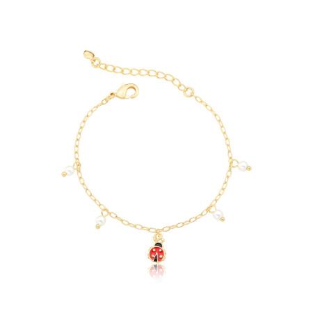 Pulseira Infantil Joaninha Resina Colorida e Pérolas Folheada a Ouro 18k 
