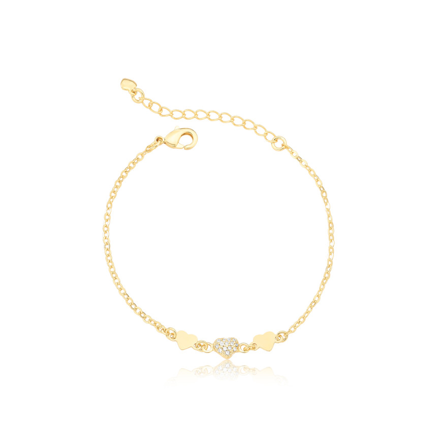 Pulseira Infantil Corações Lisos e Cravejado Folheada a Ouro 18k