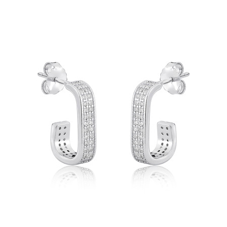 Argola Prata c/ Ródio Retangular Dois Fios Cravejados c/ Tarraxa 17mm