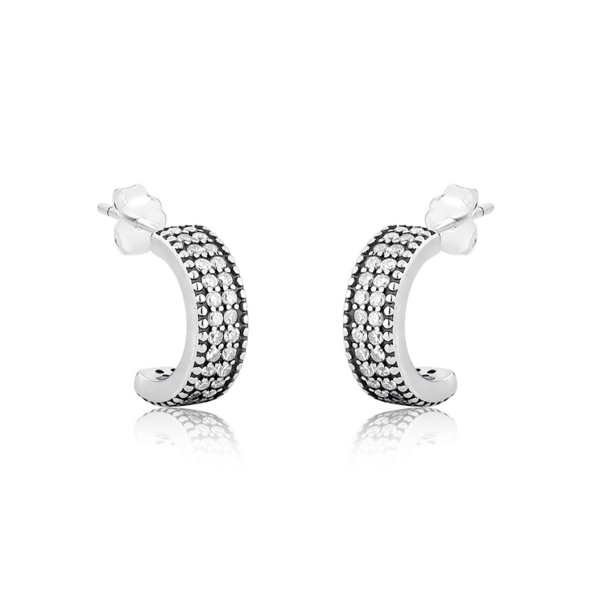 Brinco Prata c/ Ródio Meia Argola Cravejada Envelhecida c/ Tarraxa 11mm 
