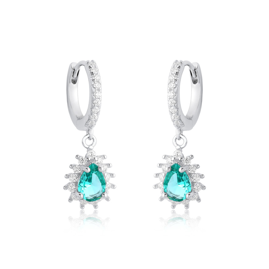 Argola Prata Click c/ Pingente Gota Verde Paraíba Cravejada 13mm 