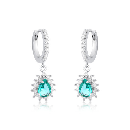 Argola Prata Click c/ Pingente Gota Verde Paraíba Cravejada 13mm 