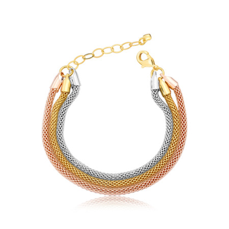 Pulseira Tripla Malha Pipoca c/ Três tons de Ouro Folheada a Ouro 18k