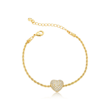 Pulseira Cordão Baiano c/ Coração Cravejado Folheada a Ouro 18k