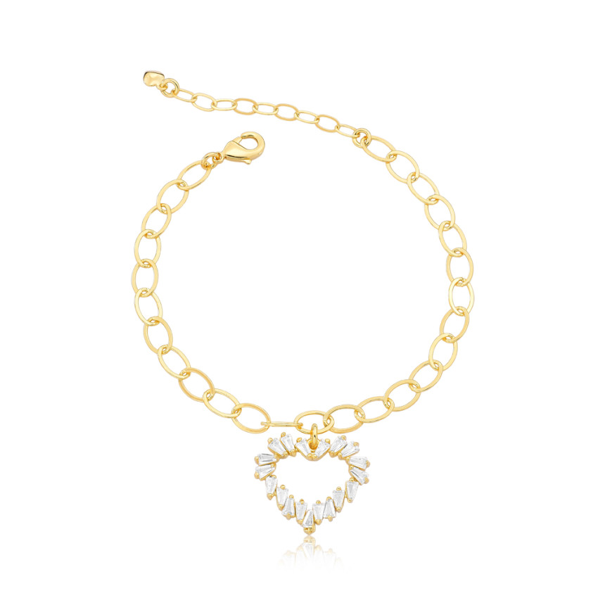 Pulseira Elos Ovais Coração Vazado Zircônia Baguete Folheada a Ouro 18k