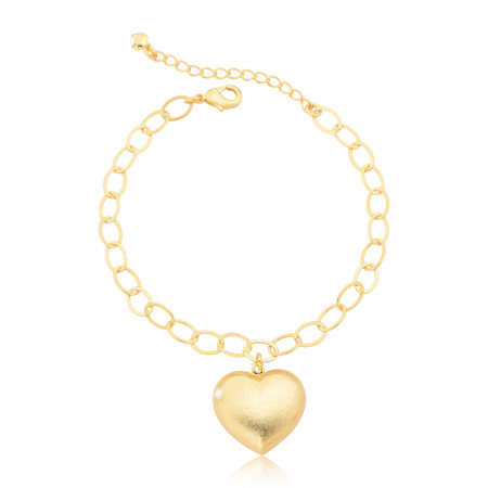 Pulseira Elos Ovais Coração Acetinado Folheada a Ouro 18k