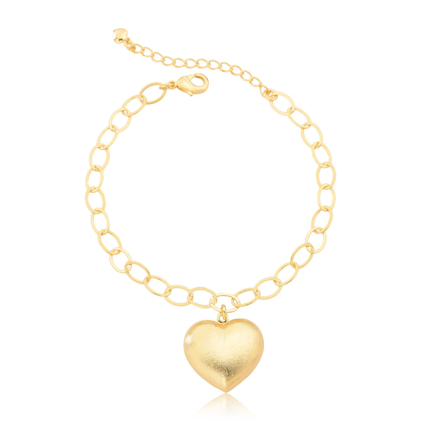 Pulseira Elos Ovais Coração Acetinado Folheada a Ouro 18k