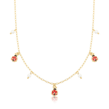 Gargantilha  Infantil Joaninhas Resina Colorida e Pérolas Folheada a Ouro 18k 