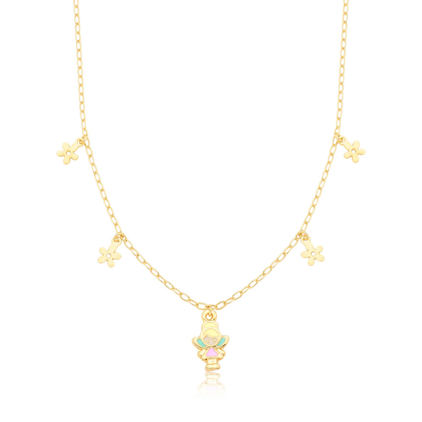 Gargantilha Infantil Fadinha Resina Colorida c/ Flores Lisas Folheada a Ouro 18k