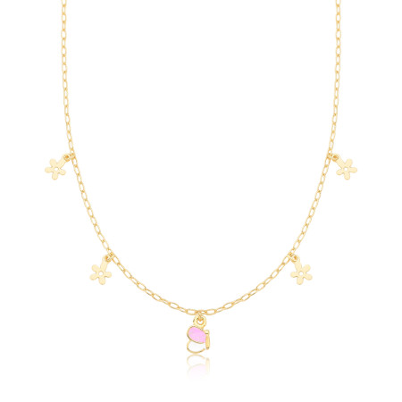 Gargantilha Infantil Borboletinha Resina Colorida c/ Flores Lisas Folheada a Ouro 18k 