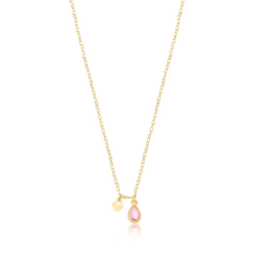 Gargantilha Infantil Zircônia Gota Rosa e Coração Liso Folheada a Ouro 18k