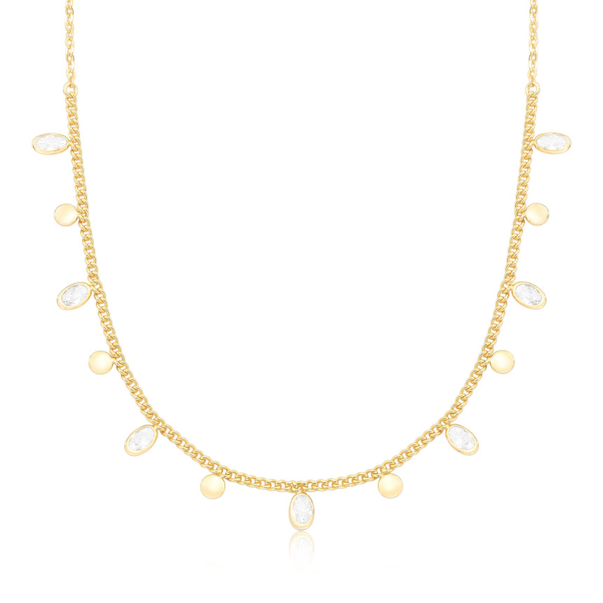 Choker Cartierzinha/Grumezinha Zircônias Ovais e Medalhas Lisas Folheado a Ouro 18k 