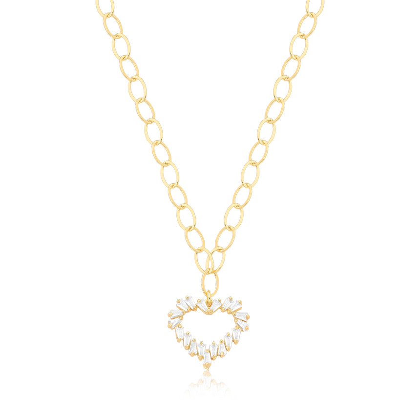 Choker Elos Ovais Pingente Coração Zircônia Baguete Folheado a Ouro 18k