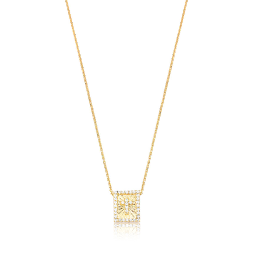 Gargantilha c/ Pingente Medalha Retangular Cruz Cravejada Folheada a Ouro 18k 