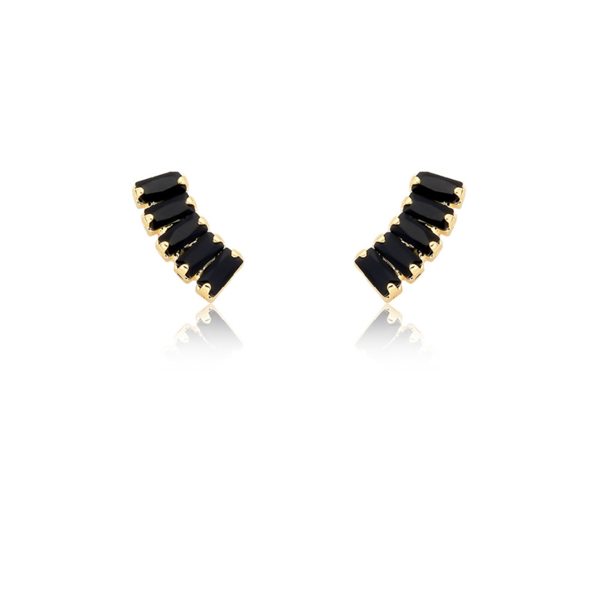 Brinco Fixo Riveira Zircônia Negra Baguete Folheado a Ouro 18k 