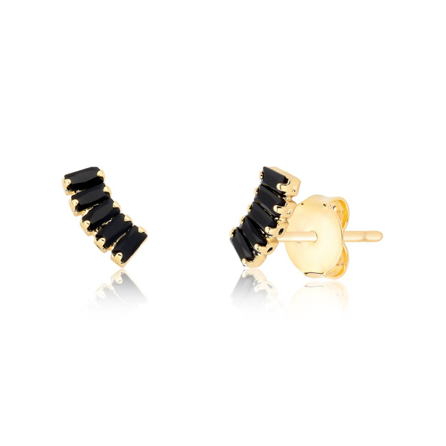 Brinco Fixo Riveira Zircônia Negra Baguete Folheado a Ouro 18k 
