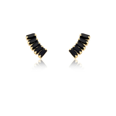 Brinco Fixo Riveira Zircônia Negra Baguete Folheado a Ouro 18k 