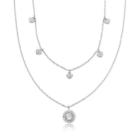 Gargantilha Prata c/ Ródio Dupla Cartierzinha Corações Cravejados e Zircônia Redonda Borda Cravejada